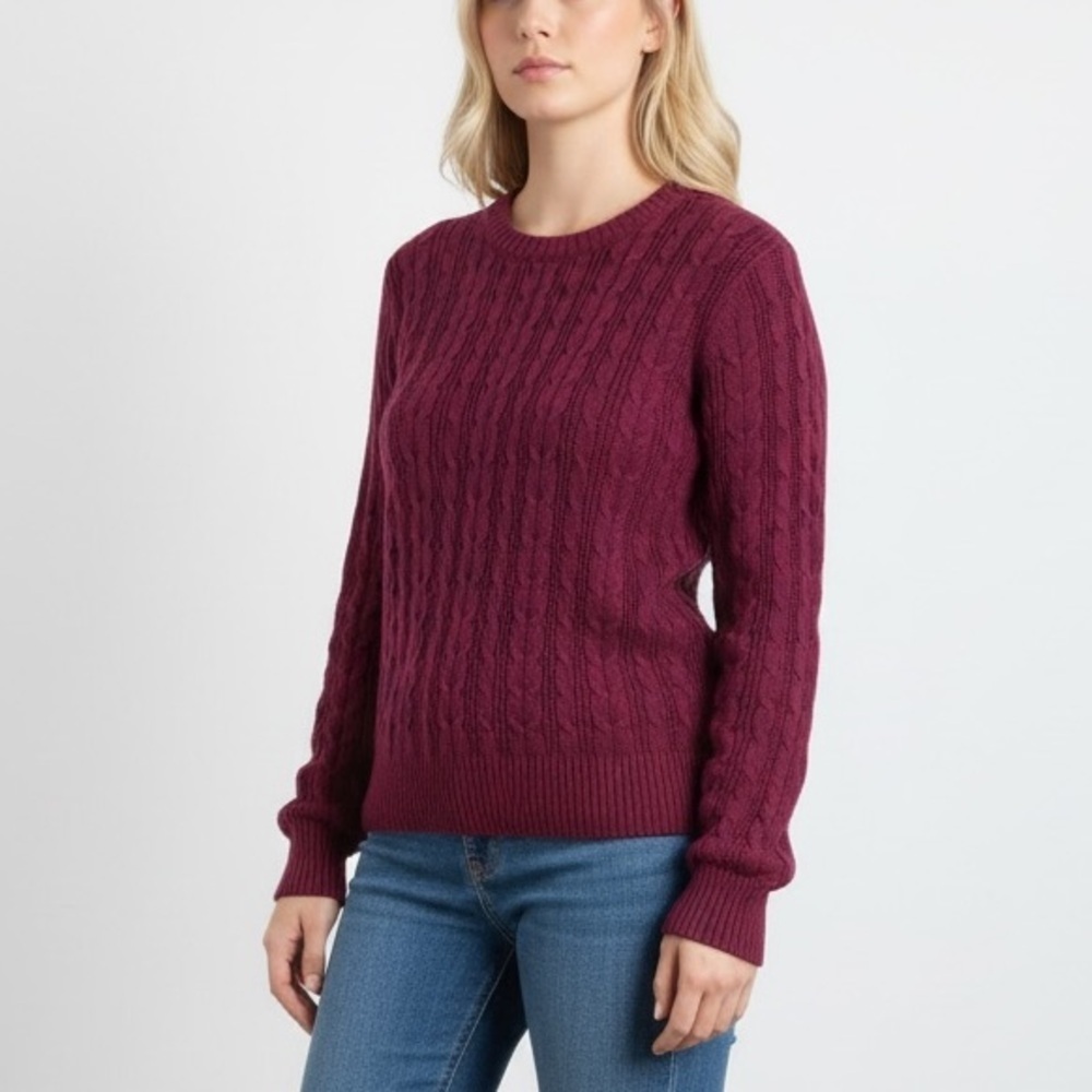 St. John's Bay Burgundy Cable Knit Crew Neck Sweater Size L Preppy Layering